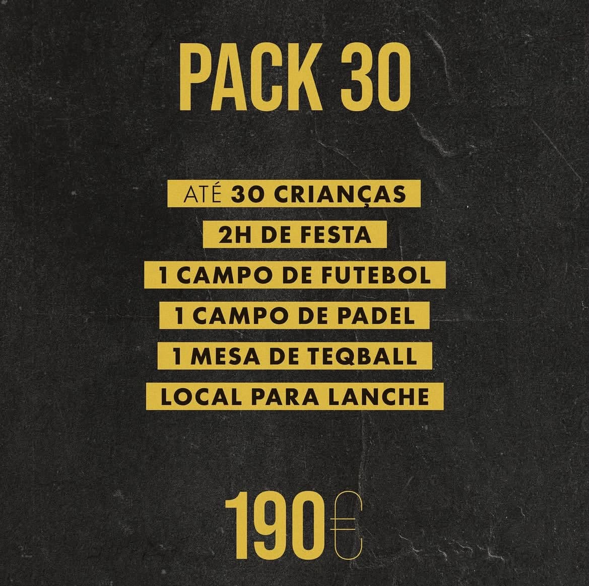 Cartão do clube com as condições do Pack 30 para festas de aniversário
